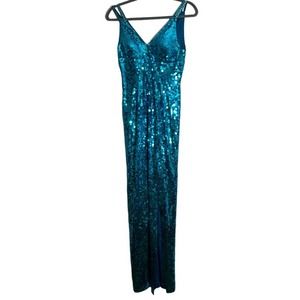 Adrianna Papell Teal Full Sequin V Neck Sleeveless Strappy Formal Gown 6
